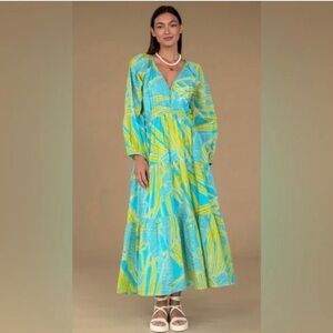 Olivia James Tropical Palm Print Tiered Maxi Dress Blue Green Resort Boho